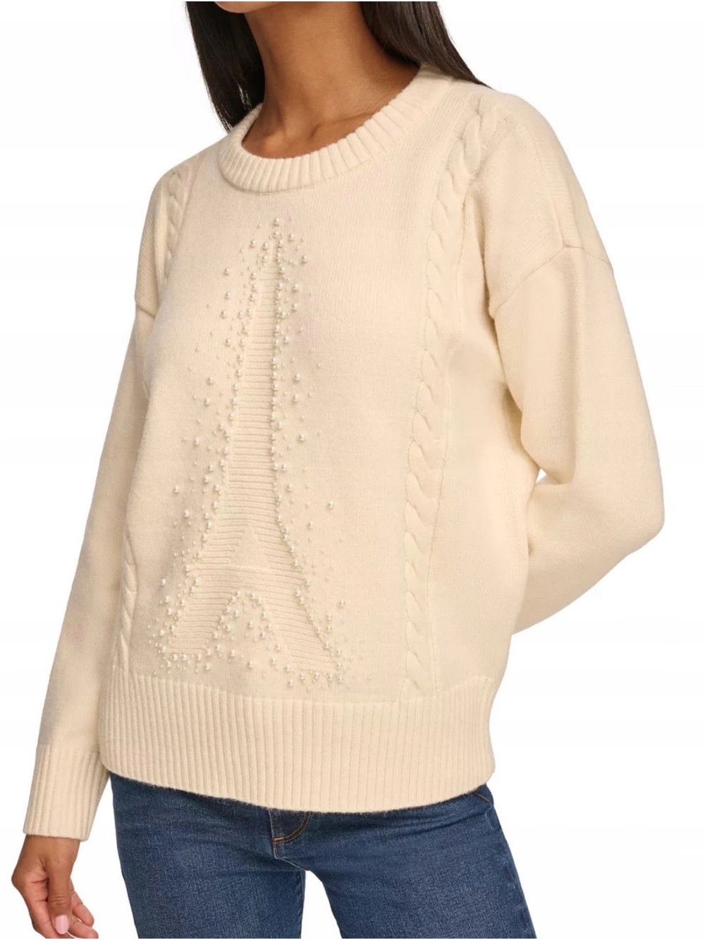 Karl Lagerfeld Cream Crewneck Sweater with Beaded Eiffel Motif - Picture 2 of 6